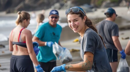 Smiling girl participating in beach cleanup. Community service and environmental care concept.