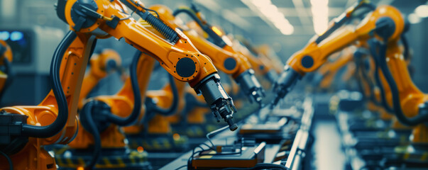 Aligned orange robotic arms on an automated manufacturing production line, industrial technology in action. A series of orange robotic arms performing automated tasks in a modern manufacturing setting - obrazy, fototapety, plakaty