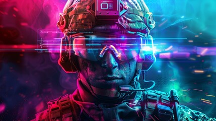 Elite trooper with hi-tech helmet and heads-up display. Sci-fi military and tactical surveillance concept. - obrazy, fototapety, plakaty