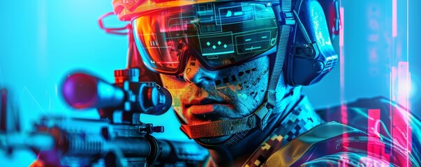 Soldier with futuristic augmented reality helmet holding a rifle. Studio portrait with dynamic lighting and digital interface elements