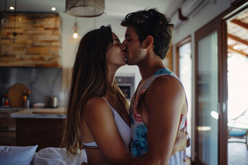 A man and woman kissing in front of a kitchen - obrazy, fototapety, plakaty