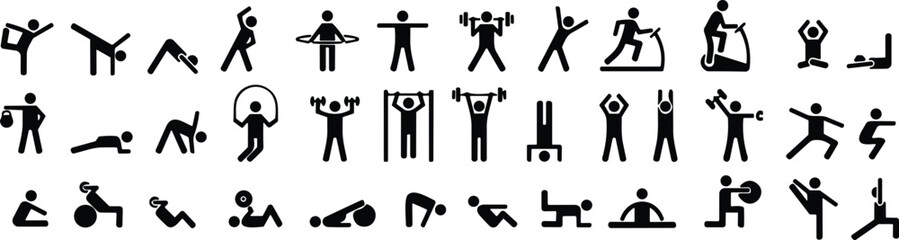 Exercise and fitness icons. Gym and Workout Set. Person Yoga exercises poses. Lunges, Pushups, Squats, Dumbbell rows, Burpees, Side planks, Situps, Glute bridge, Leg Raise, Side Crunch.