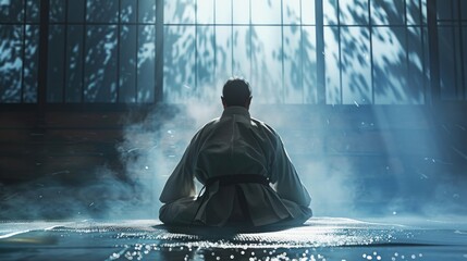 A man in a kimono sitting on the floor in front of a window. Ideal for cultural and lifestyle concepts - obrazy, fototapety, plakaty