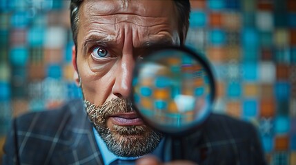 Businessman examining a contract through a magnifying glass.