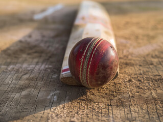 Cricket Bat and ball on a dusty wicket - obrazy, fototapety, plakaty