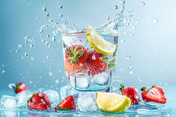 a glass of water with fruit and ice