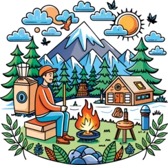 Fotobehang Vibrant Summer Camping and Outdoor Adventure Illustration © Danbamstore