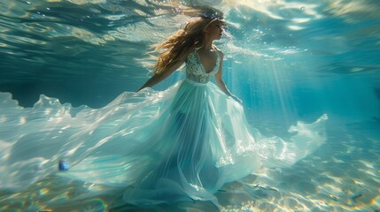 Ethereal underwater fashion shoot  flowing silks and shimmering lights in aqua tones