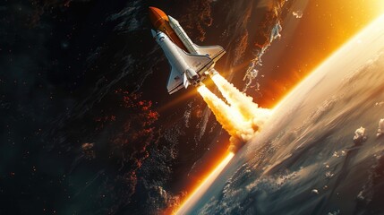 A space shuttle taking off from the earth. Suitable for science and technology concepts - obrazy, fototapety, plakaty