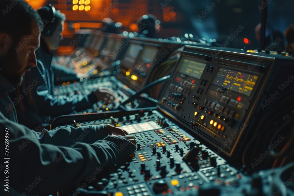Poster a man sitting at a mixing desk in a recording studio. ideal for music production projects