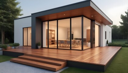 3D rendering of modern house with wooden deck floor at entrance and patio.