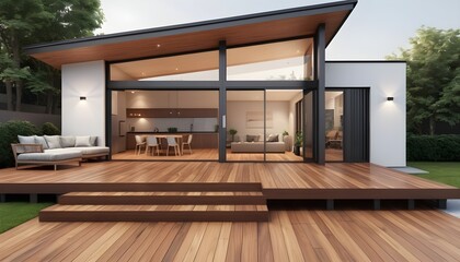 3D rendering of modern house with wooden deck floor at entrance and patio.