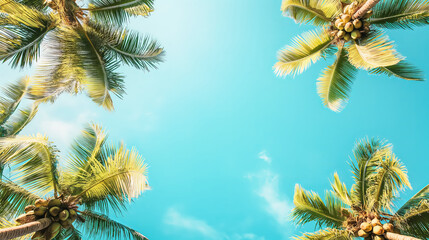 Palm trees frame against clear blue sky, bottom view, copy space
