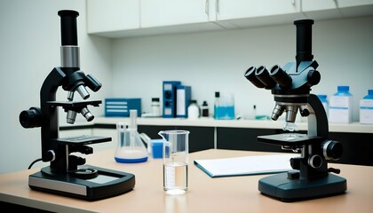 A beaker and microscope on desk with microscope at lab