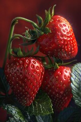 Close up of three ripe strawberries on a plant, perfect for food and nature themes