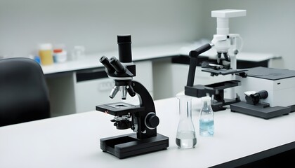 A beaker and microscope on desk with microscope at lab