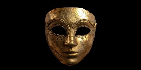 Fototapeta na wymiar A striking gold mask against a dark black backdrop. Ideal for luxury and mystery concepts