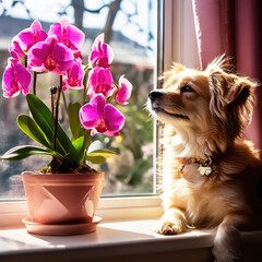 A dog sitting on the window sill and looking at the orchid flowers. 
