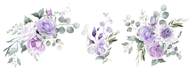 Watercolor floral bouquet clipart. Violet flowers and eucalyptus greenery illustration isolated on transparent background. Purple roses, lilac peony for  wedding stationary, greeting card - obrazy, fototapety, plakaty