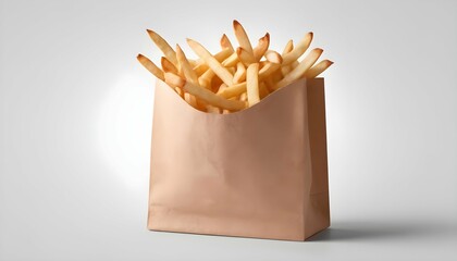 Disposable Paper bag of fast food photo. Shop pack fries. on transparent PNG background