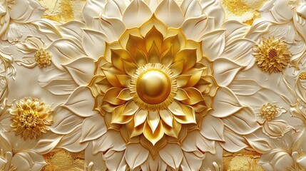A decorative gold and white wall with a beautiful flower. Ideal for interior design projects