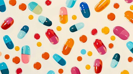 Capsules form a playful, health-inspired pattern, a top view on white, ideal for a vibrant summer backdrop