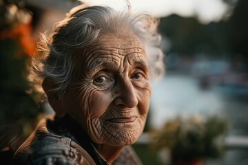 Portrait of an elderly woman on a background of the sea.