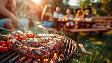 Close-up shot of succulent grilled meat on a barbecue grill, with friends and family enjoying a festive atmosphere in the background