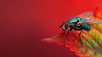 Capturing the intricate features of a fly on a vivid green leaf, set against a bold red backdrop