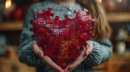 Charity and love concept depicted as a woman and child arranging red heart-shaped puzzles, symbolizing helping others on International Cardiology Day.