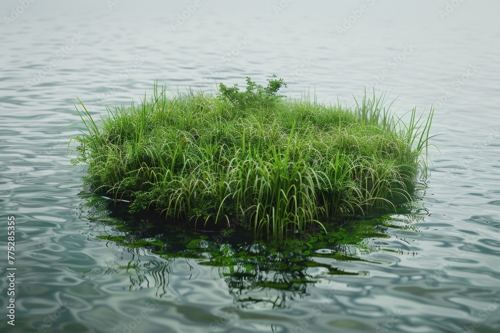 Poster A small patch of grass floating in the water, suitable for nature and environment concepts