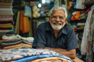 A man sitting in front of a pile of cloth, suitable for textile industry projects