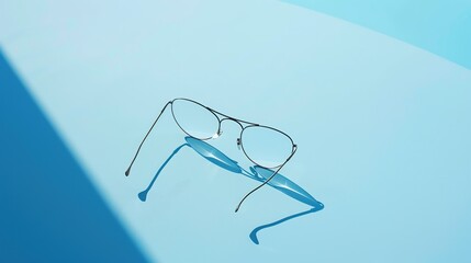 Minimalist composition of a pair of eyeglasses on a pristine solid color surface