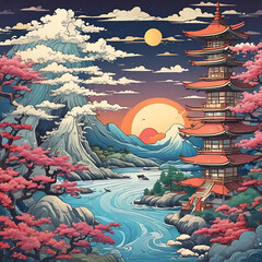 Fusion between Pop art deco and traditional Japanese ukiyo-e art