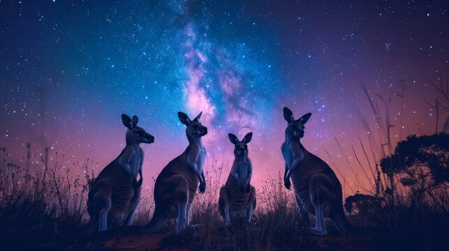 Arid outback beauty  kangaroos silhouetted under starry night sky in high detail long exposure shot