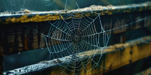 A spider web hanging from a wooden fence. Suitable for nature themes - Powered by Adobe