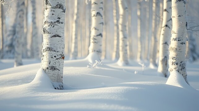   A cluster of trees situated amidst a snow-laden woodland