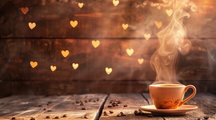 Steam rising from a freshly poured cup of coffee, set against the backdrop of a weathered wooden surface sprinkled with heart motifs, top view - obrazy, fototapety, plakaty