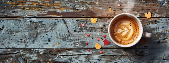 Steam rising from a freshly poured cup of coffee, set against the backdrop of a weathered wooden surface sprinkled with heart motifs, top view - obrazy, fototapety, plakaty