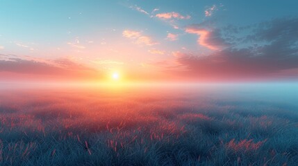   The sun sets over a hazy meadow, with towering blades of grass in the foreground and a sapphire sky in the backdrop