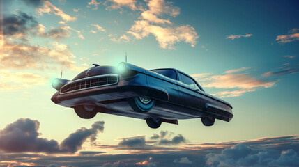 Futuristic flying vehicle retro style floating car clouds and sky sunset