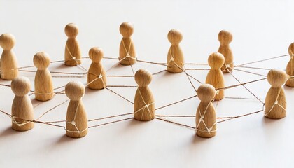 A group of wooden people are connected by strings, forming a network. Concept of interconnectedness and collaboration, as the people are all linked together