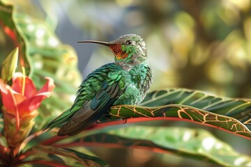 Fototapeta premium A hummingbird perched on a vibrant green leaf. Perfect for nature and wildlife concepts
