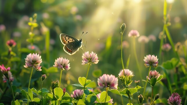 Wild flowers of clover and butterfly in a meadow in nature in the rays of sunlight