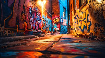 Graffiti-adorned alley, a canvas of urban art and expression in the heart of the citys cultural fabric