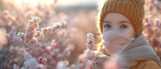 Child with allergies seeks relief near flowers by wiping nose to alleviate nasal irritation caused by environmental allergens. Concept Allergy Relief, Nasal Irritation, Child Activities - obrazy, fototapety, plakaty