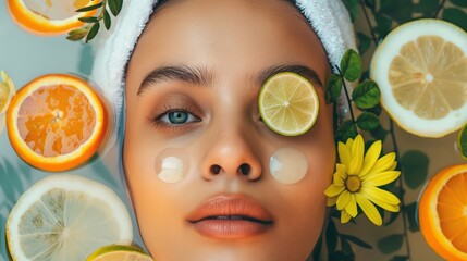 Woman with hair towel wrap lemon slices flowers on face and water biracial female body spa relaxation treatment - Powered by Adobe