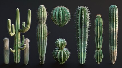 Various cactus plants on a dark backdrop, ideal for botanical themes