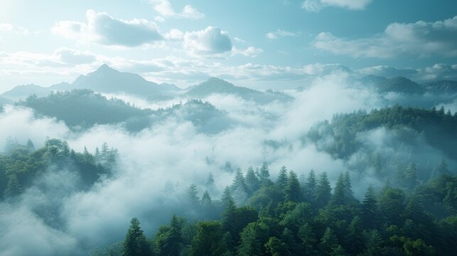   A dense forest blankets the verdant hilltop, obscured by a thick layer of fog beneath a clear blue sky