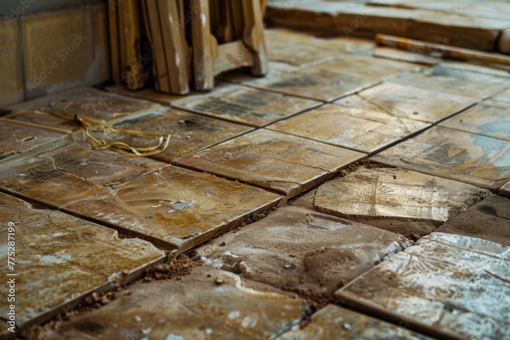Poster detailed view of a tile floor in a room, suitable for interior design concepts